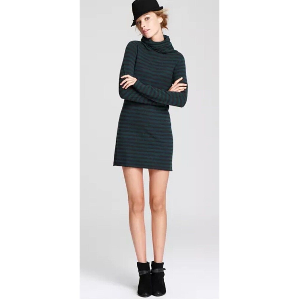 Aqua Cashmere grey & green stripe turtleneck sweater dress size XS